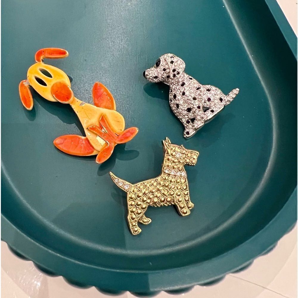 3 Piece Vintage 1980s 1990s Doggie Dog Lover’s Crystal and Enamel Brooch Bundle